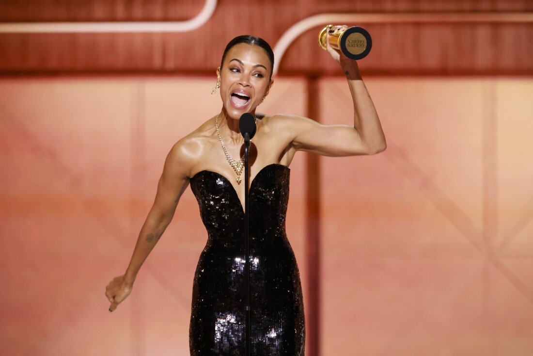 Zoe Saldaña accepts the award for Female Supporting Actor - Motion Picture at the 82nd Annual Golden Globe Awards, airing live from the Beverly Hilton in Beverly Hills, California on Sunday, January 5, 2025, at 8 PM ET/5 PM PT, on CBS and streaming on Paramount+. Photo: Sonja Flemming/CBS ©2025 CBS Broadcasting, Inc. All Rights Reserved.